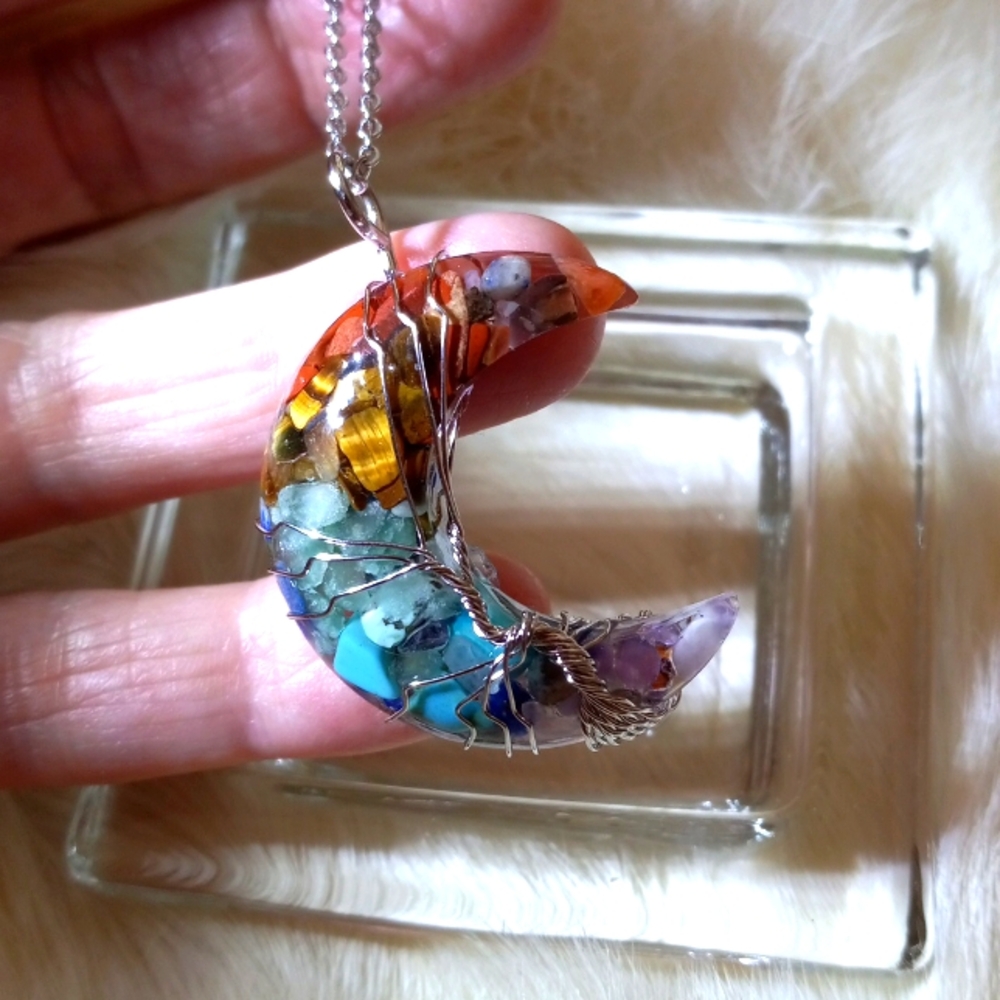 ☪ New Wire-Wrapped Moon Tree Necklace with Tiger Eye Amethyst Turquoise etc ☪